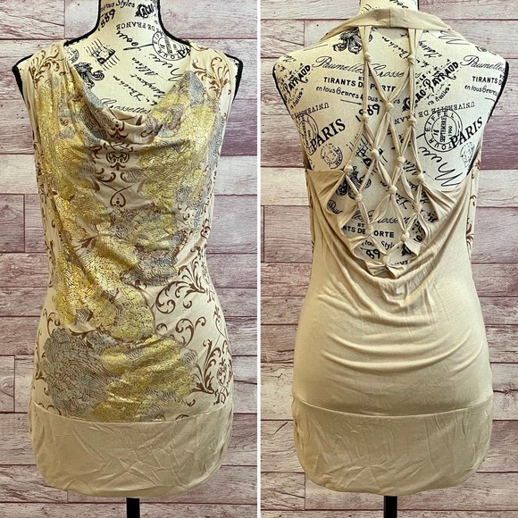 Baby Phat Tan/Gold/Studded 'Seductive Dream' Open Back Mini Halter Dress NWOT - Picture 1 of 12